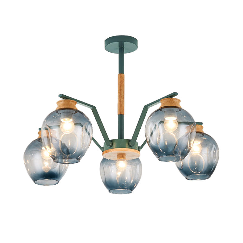 Nordic Globe Chandelier Pendant Light Dimpled Blown Glass 3/5 Lights Hanging Ceiling Light in Grey/Green Clearhalo 'Ceiling Lights' 'Chandeliers' 'Close To Ceiling Lights' 'Glass shade' 'Glass' 'Modern Chandeliers' 'Modern' Lighting' 217355