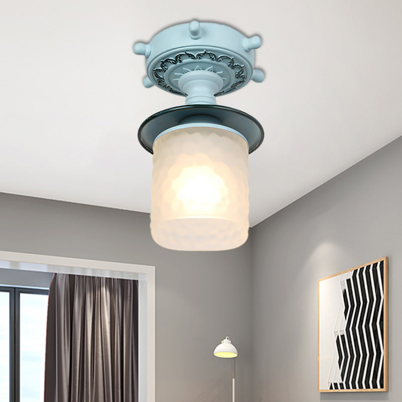 Frosted Glass Cylinder Semi Flush Light Modernist 1 Light Ceiling Light Fixture with Rudder Canopy in Green/White Blue Clearhalo 'Ceiling Lights' 'Close To Ceiling Lights' 'Close to ceiling' 'Semi-flushmount' Lighting' 217356