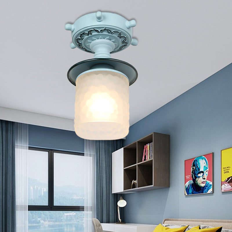 Frosted Glass Cylinder Semi Flush Light Modernist 1 Light Ceiling Light Fixture with Rudder Canopy in Green/White Clearhalo 'Ceiling Lights' 'Close To Ceiling Lights' 'Close to ceiling' 'Semi-flushmount' Lighting' 217358