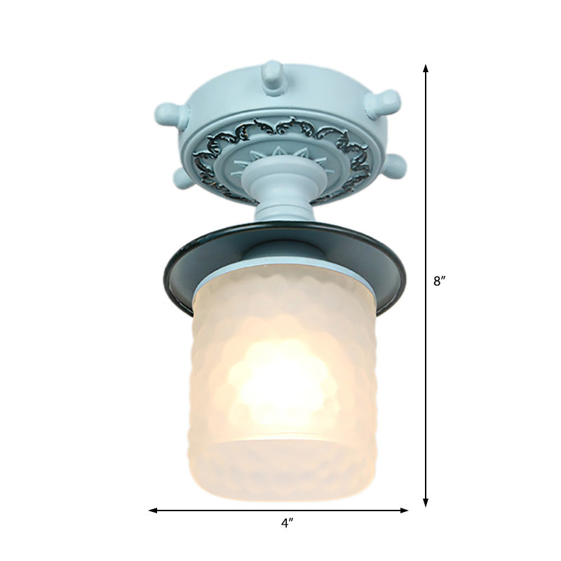 Frosted Glass Cylinder Semi Flush Light Modernist 1 Light Ceiling Light Fixture with Rudder Canopy in Green/White Clearhalo 'Ceiling Lights' 'Close To Ceiling Lights' 'Close to ceiling' 'Semi-flushmount' Lighting' 217360