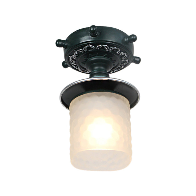 Frosted Glass Cylinder Semi Flush Light Modernist 1 Light Ceiling Light Fixture with Rudder Canopy in Green/White Clearhalo 'Ceiling Lights' 'Close To Ceiling Lights' 'Close to ceiling' 'Semi-flushmount' Lighting' 217363