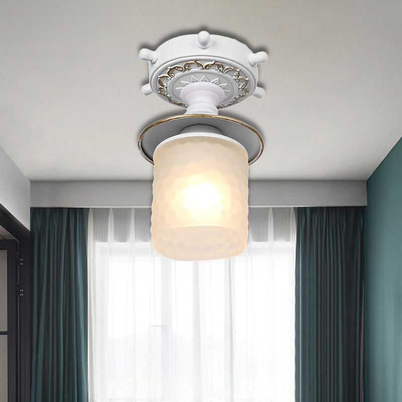 Frosted Glass Cylinder Semi Flush Light Modernist 1 Light Ceiling Light Fixture with Rudder Canopy in Green/White Clearhalo 'Ceiling Lights' 'Close To Ceiling Lights' 'Close to ceiling' 'Semi-flushmount' Lighting' 217364