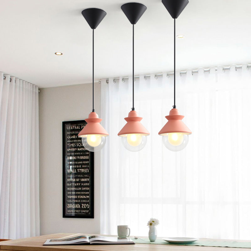 Black/Pink Conical Hanging Ceiling Light Macaron Style 1 Bulb Metal Pendant Lamp with Double Glass Shade Clearhalo 'Ceiling Lights' 'Pendant Lights' 'Pendants' Lighting' 217405