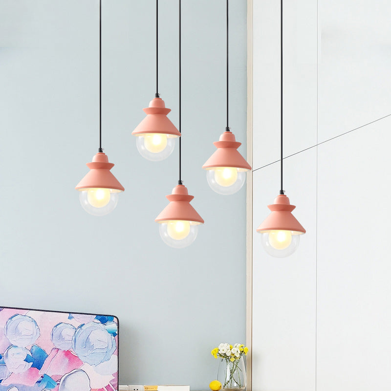 Black/Pink Conical Hanging Ceiling Light Macaron Style 1 Bulb Metal Pendant Lamp with Double Glass Shade Clearhalo 'Ceiling Lights' 'Pendant Lights' 'Pendants' Lighting' 217406