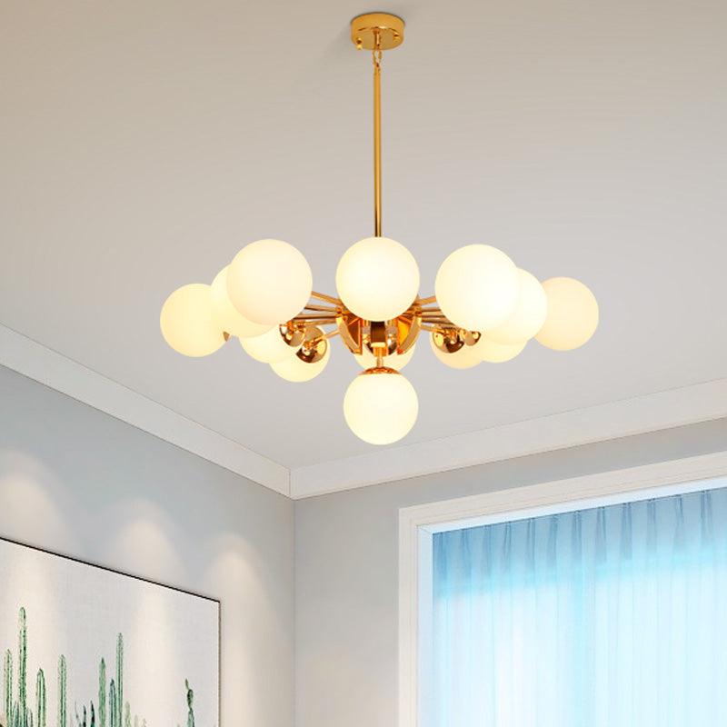 Retro Global Chandelier Pendant Light Milk Glass 7/13 Lights Hanging Ceiling Light in Gold 13 Gold Clearhalo 'Ceiling Lights' 'Chandeliers' 'Glass shade' 'Glass' 'Modern Chandeliers' 'Modern' 'Pendant Lights' Lighting' 217518