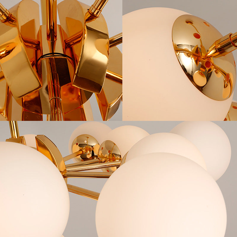 Retro Global Chandelier Pendant Light Milk Glass 7/13 Lights Hanging Ceiling Light in Gold Clearhalo 'Ceiling Lights' 'Chandeliers' 'Glass shade' 'Glass' 'Modern Chandeliers' 'Modern' 'Pendant Lights' Lighting' 217522