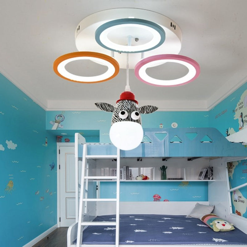 Acrylic Circles Pendant Light Cartoon Style LED White Finish Hanging Lamp with Giraffe/Horse Design for Bedroom Blue-Pink-Yellow Horse Clearhalo 'Ceiling Lights' 'Pendant Lights' 'Pendants' Lighting' 217651_e76e360b-fdfd-4afd-ae06-8d19afd6a087