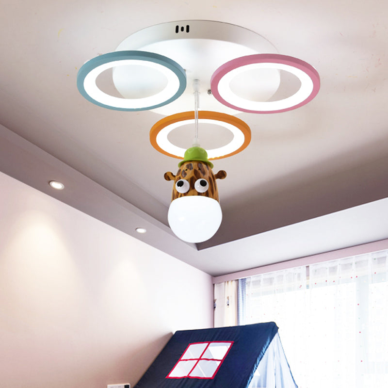 Acrylic Circles Pendant Light Cartoon Style LED White Finish Hanging Lamp with Giraffe/Horse Design for Bedroom Blue-Pink-Yellow Giraffe Clearhalo 'Ceiling Lights' 'Pendant Lights' 'Pendants' Lighting' 217655_c69bdd16-b1c2-46f0-8b1f-aed6bd1217f5