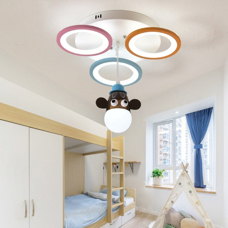 Acrylic Circles Pendant Light Cartoon Style LED White Finish Hanging Lamp with Giraffe/Horse Design for Bedroom Blue-Pink-Yellow Monkey Clearhalo 'Ceiling Lights' 'Pendant Lights' 'Pendants' Lighting' 217659_01608daf-a758-49a3-8059-3d27306f0d35