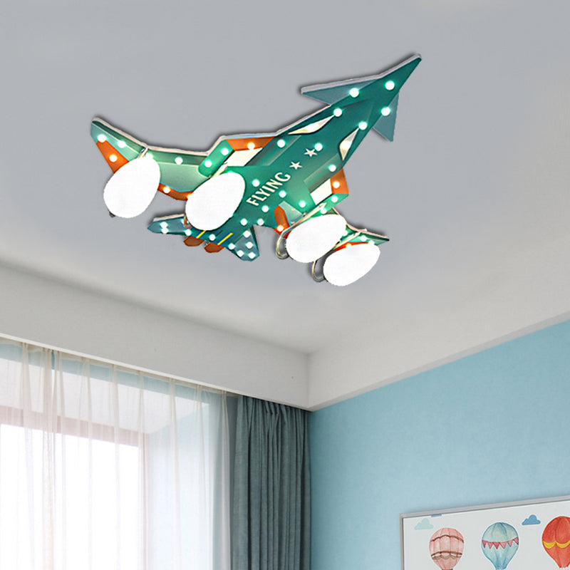Blue/Green Finish Aircraft Flush Pendant Light Modernist 4 Lights Plastic and Opal Glass Ceiling Lamp for Children Room Green Clearhalo 'Ceiling Lights' 'Chandeliers' 'Close To Ceiling Lights' 'Close to ceiling' 'Glass shade' 'Glass' 'Semi-flushmount' Lighting' 217702