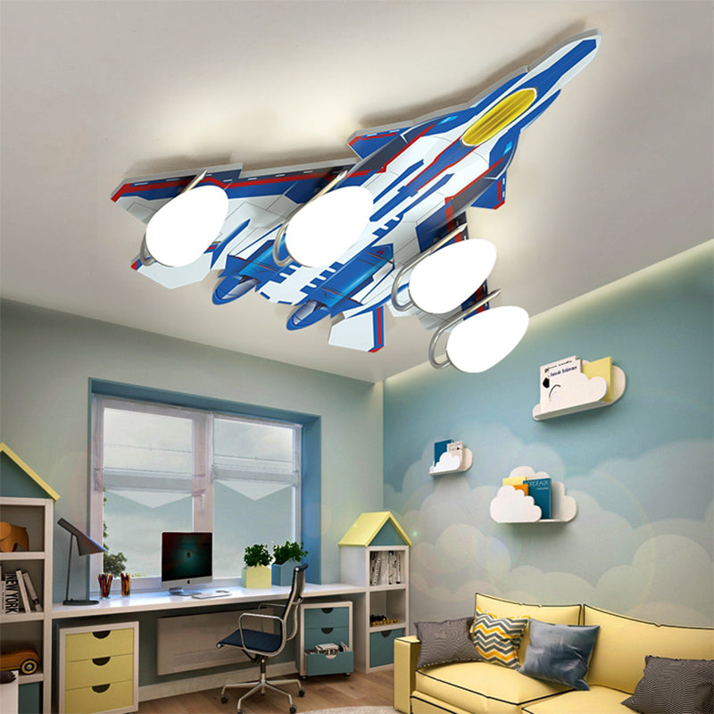Blue/Green Finish Aircraft Flush Pendant Light Modernist 4 Lights Plastic and Opal Glass Ceiling Lamp for Children Room Blue Clearhalo 'Ceiling Lights' 'Chandeliers' 'Close To Ceiling Lights' 'Close to ceiling' 'Glass shade' 'Glass' 'Semi-flushmount' Lighting' 217706