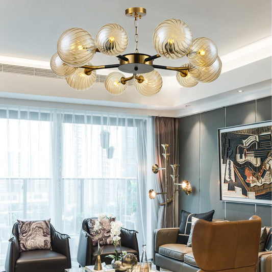 Retro Global Chandelier Pendant Light Amber Glass 10 Lights Hanging Ceiling Light for Living Room Amber Clearhalo 'Ceiling Lights' 'Chandeliers' 'Glass shade' 'Glass' 'Modern Chandeliers' 'Modern' Lighting' 217739