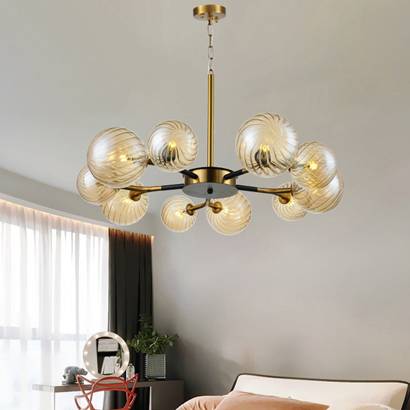 Retro Global Chandelier Pendant Light Amber Glass 10 Lights Hanging Ceiling Light for Living Room Clearhalo 'Ceiling Lights' 'Chandeliers' 'Glass shade' 'Glass' 'Modern Chandeliers' 'Modern' Lighting' 217740