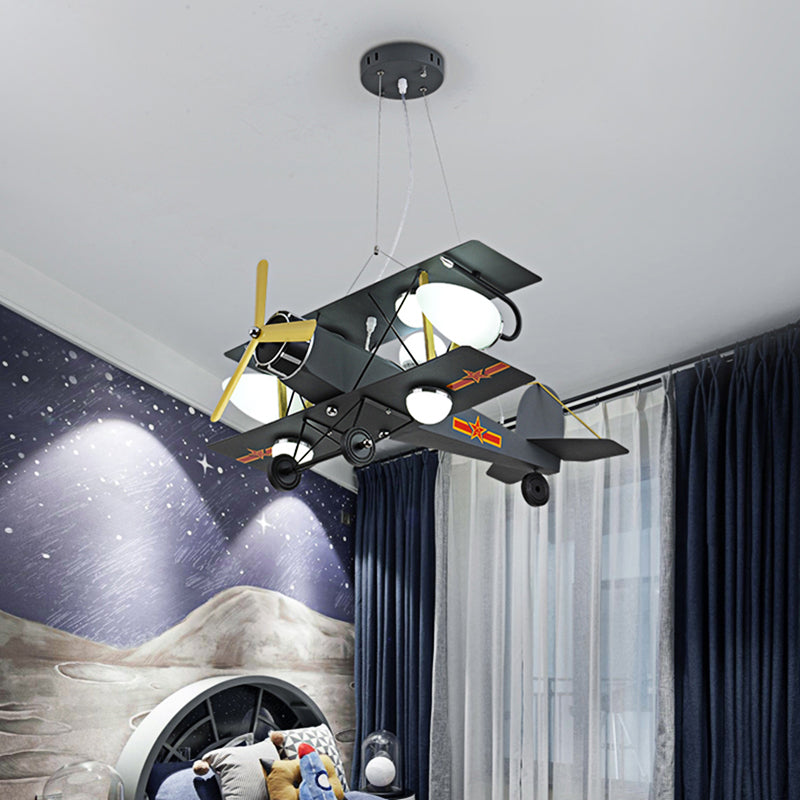 Blue/Yellow Prop Plane Chandelier Lighting Cartoon Style 7 Lights Metallic Hanging Ceiling Fixture for Bedroom Black Clearhalo 'Ceiling Lights' 'Chandeliers' 'Glass shade' 'Glass' 'Pendant Lights' Lighting' 217817