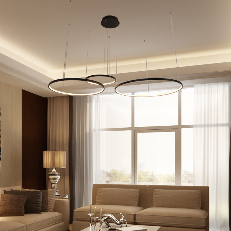 Black Circular Chandelier Light Fixture Minimalist Acrylic 1/2/3 Lights Pendant Light Fixture in White/Warm Light 3 Black Clearhalo 'Ceiling Lights' 'Chandeliers' 'Modern Chandeliers' 'Modern' Lighting' 217831