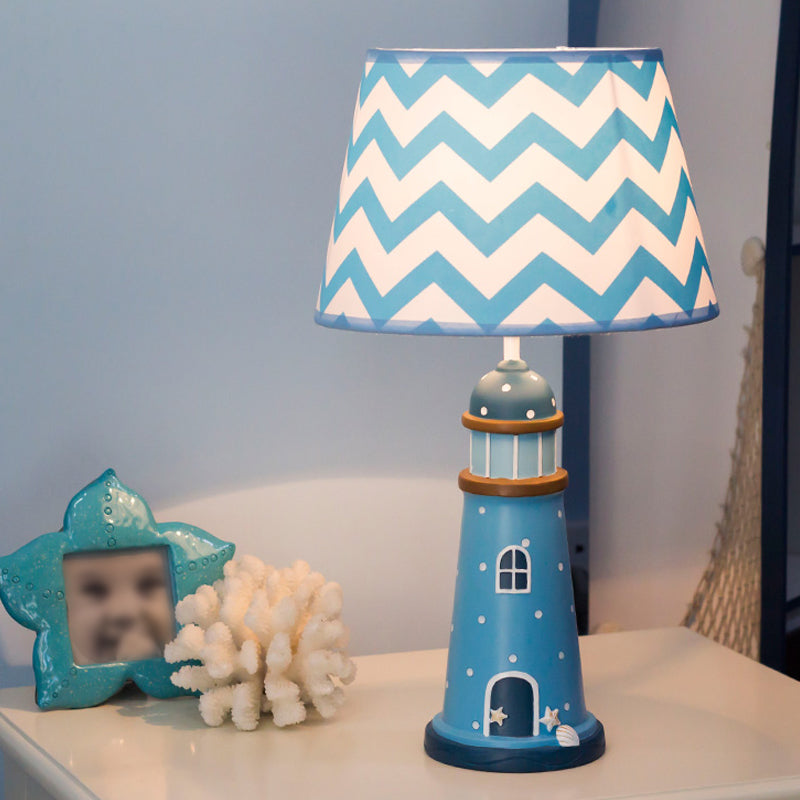 14"/18" Wide Cone Table Lighting Cartoon Style Fabric 1 Light Blue/White Stand Up Lamp with Resin Tower Base Blue Clearhalo 'Lamps' 'Table Lamps' Lighting' 217909