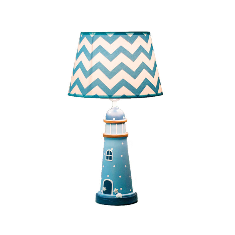 14"/18" Wide Cone Table Lighting Cartoon Style Fabric 1 Light Blue/White Stand Up Lamp with Resin Tower Base Clearhalo 'Lamps' 'Table Lamps' Lighting' 217911