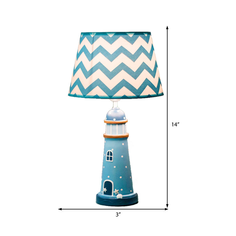 14"/18" Wide Cone Table Lighting Cartoon Style Fabric 1 Light Blue/White Stand Up Lamp with Resin Tower Base Clearhalo 'Lamps' 'Table Lamps' Lighting' 217912