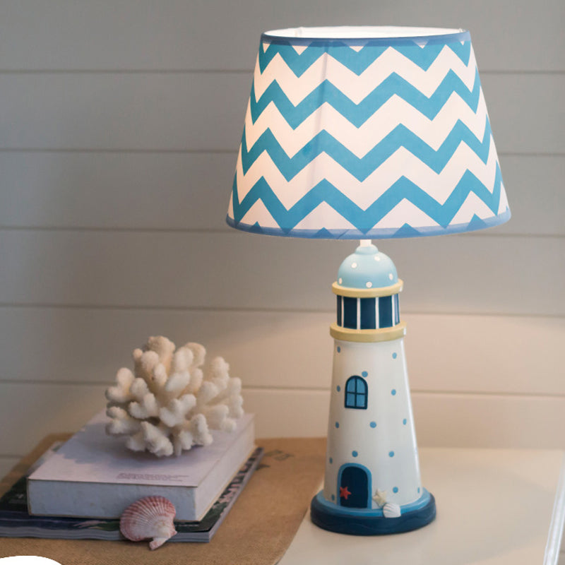 14"/18" Wide Cone Table Lighting Cartoon Style Fabric 1 Light Blue/White Stand Up Lamp with Resin Tower Base White Clearhalo 'Lamps' 'Table Lamps' Lighting' 217913