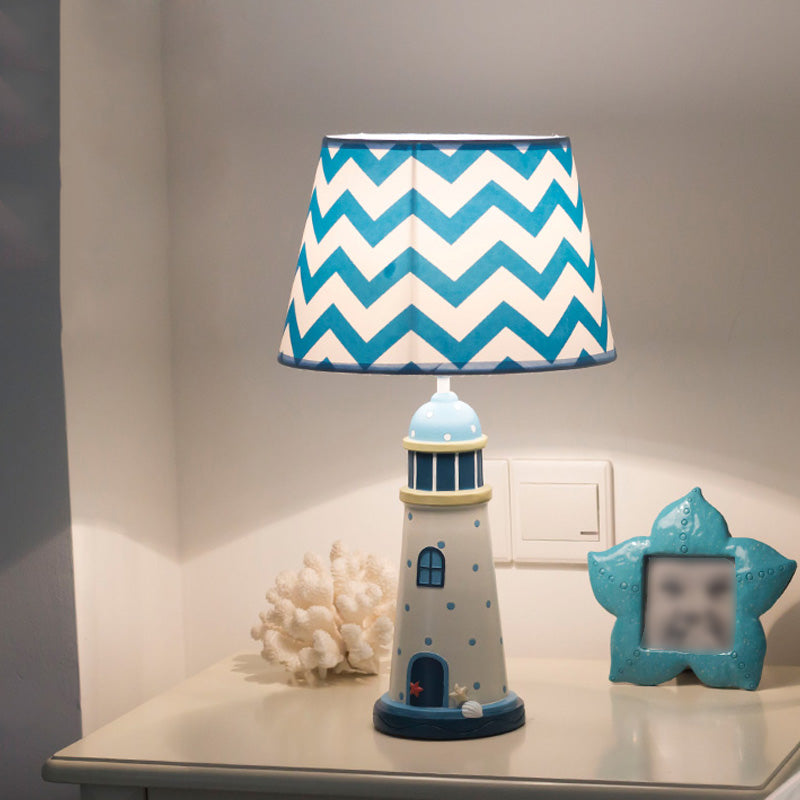 14"/18" Wide Cone Table Lighting Cartoon Style Fabric 1 Light Blue/White Stand Up Lamp with Resin Tower Base Clearhalo 'Lamps' 'Table Lamps' Lighting' 217914