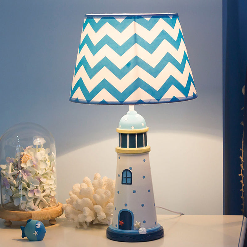 14"/18" Wide Cone Table Lighting Cartoon Style Fabric 1 Light Blue/White Stand Up Lamp with Resin Tower Base Clearhalo 'Lamps' 'Table Lamps' Lighting' 217915