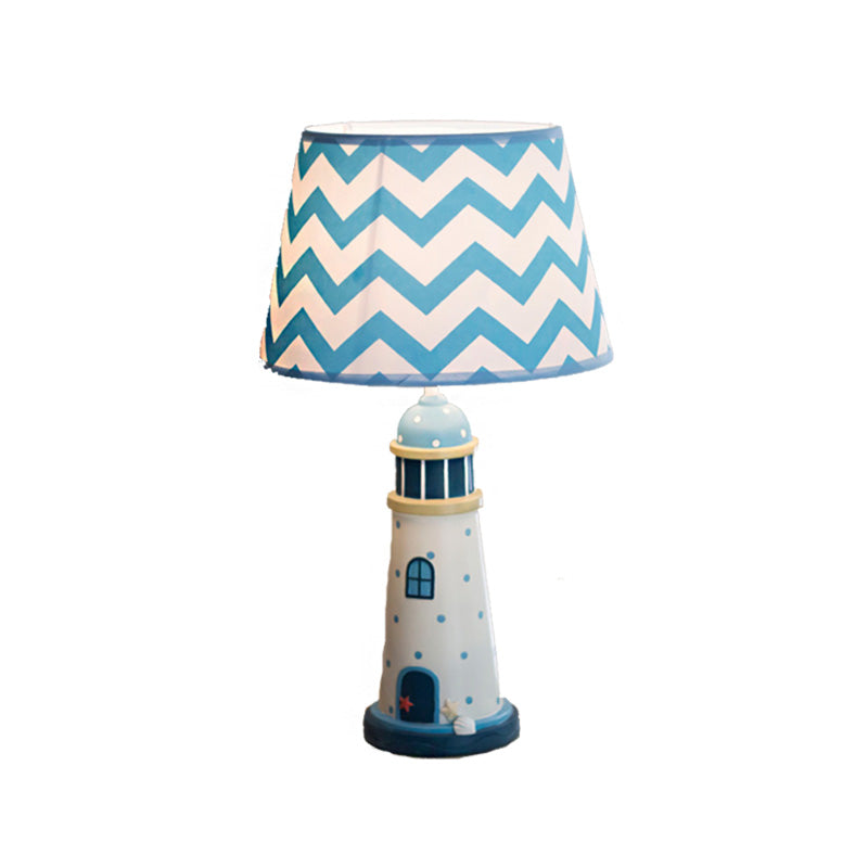 14"/18" Wide Cone Table Lighting Cartoon Style Fabric 1 Light Blue/White Stand Up Lamp with Resin Tower Base Clearhalo 'Lamps' 'Table Lamps' Lighting' 217916