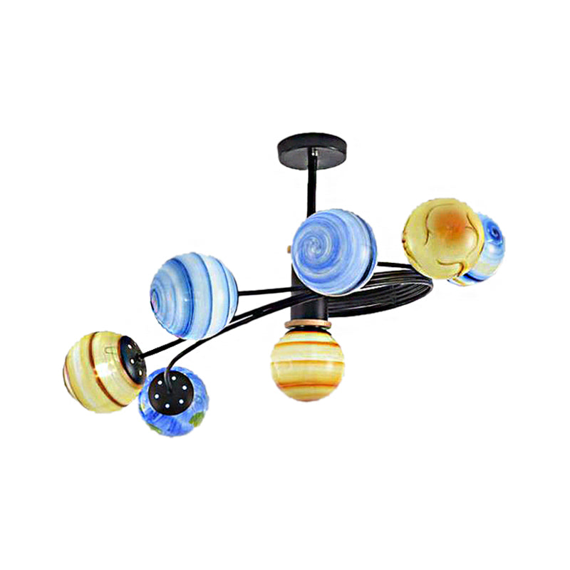 Planet Design Semi Flush Chandelier Modern Metal 7 Lights Black Ceiling Light Fixture with Handblown Glass Ball Shade Clearhalo 'Ceiling Lights' 'Close To Ceiling Lights' 'Close to ceiling' 'Semi-flushmount' Lighting' 217920