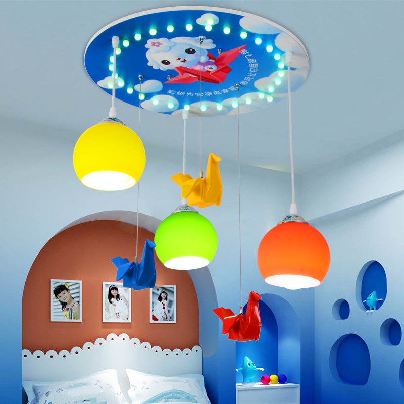 Cartoon Style Domed Pendant Lighting Yellow and Green Glass 3 Light Bedroom Hanging Lamp with Round Canopy in Blue Yellow-Green Clearhalo 'Ceiling Lights' 'Glass shade' 'Glass' 'Pendant Lights' 'Pendants' Lighting' 217957