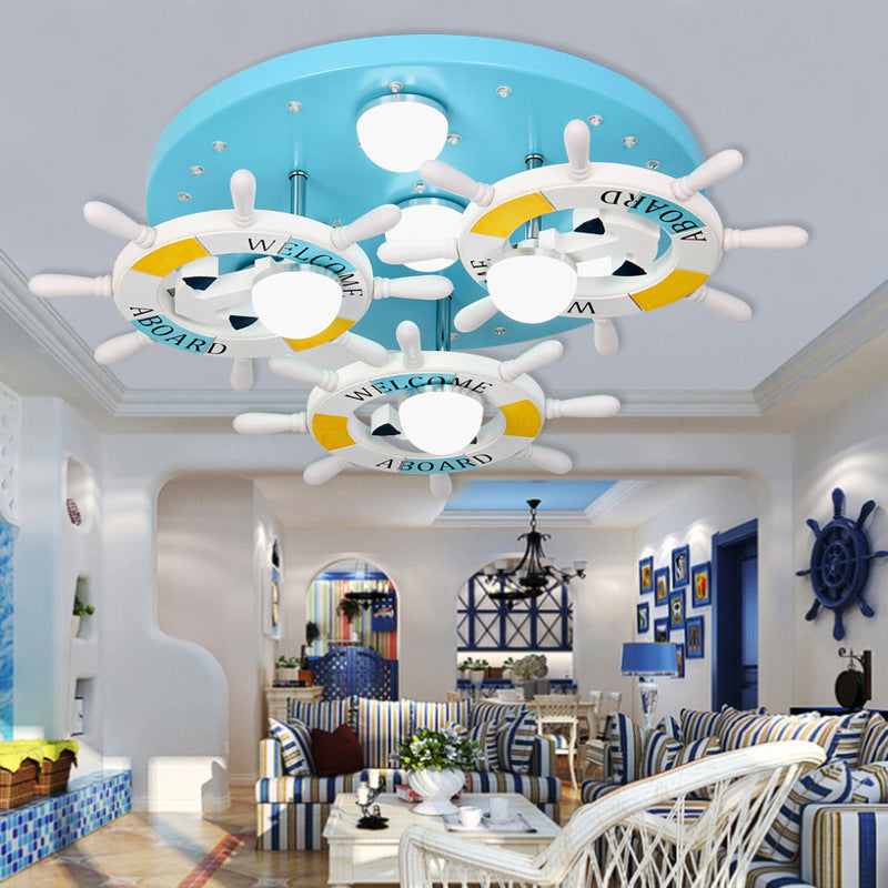 7 Lights Living Room Ceiling Mount Chandelier Nautical Blue Finish Flush Light Fixture with Rudder Wood Shade Blue Clearhalo 'Ceiling Lights' 'Close To Ceiling Lights' 'Close to ceiling' 'Semi-flushmount' Lighting' 218013