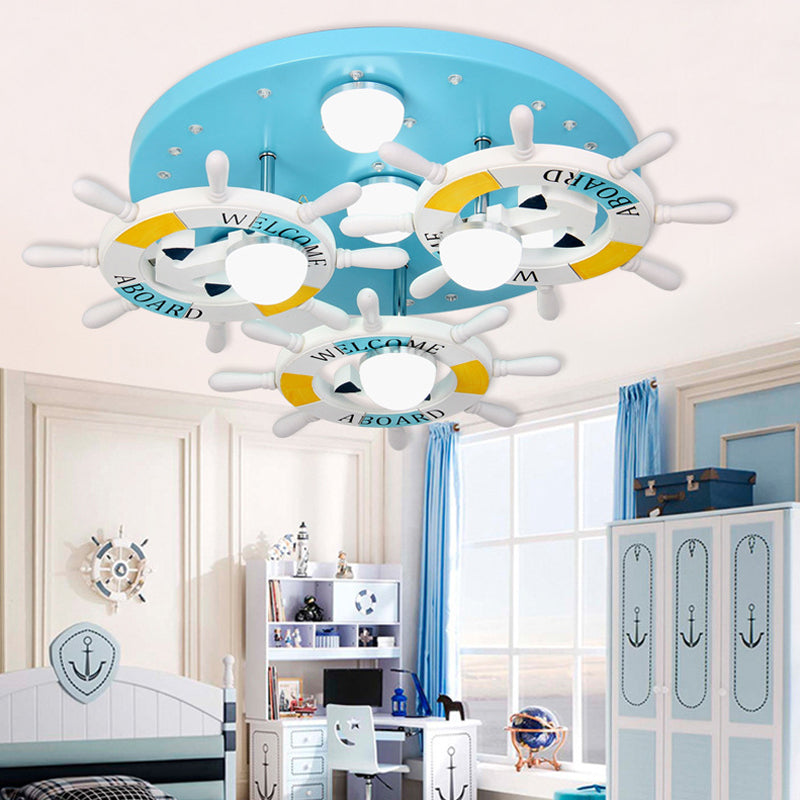 7 Lights Living Room Ceiling Mount Chandelier Nautical Blue Finish Flush Light Fixture with Rudder Wood Shade Clearhalo 'Ceiling Lights' 'Close To Ceiling Lights' 'Close to ceiling' 'Semi-flushmount' Lighting' 218014