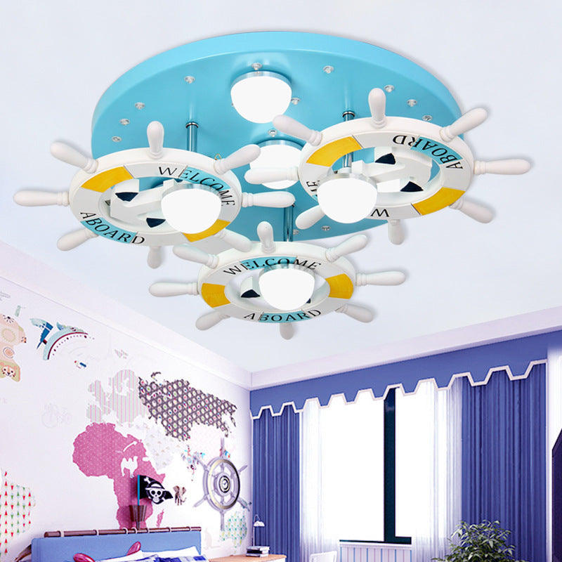 7 Lights Living Room Ceiling Mount Chandelier Nautical Blue Finish Flush Light Fixture with Rudder Wood Shade Clearhalo 'Ceiling Lights' 'Close To Ceiling Lights' 'Close to ceiling' 'Semi-flushmount' Lighting' 218015