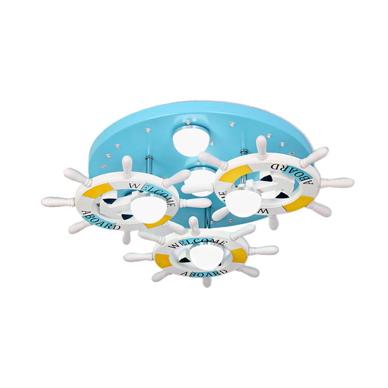 7 Lights Living Room Ceiling Mount Chandelier Nautical Blue Finish Flush Light Fixture with Rudder Wood Shade Clearhalo 'Ceiling Lights' 'Close To Ceiling Lights' 'Close to ceiling' 'Semi-flushmount' Lighting' 218016