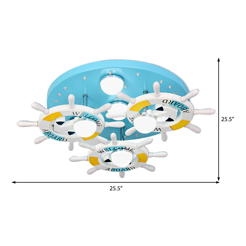 7 Lights Living Room Ceiling Mount Chandelier Nautical Blue Finish Flush Light Fixture with Rudder Wood Shade Clearhalo 'Ceiling Lights' 'Close To Ceiling Lights' 'Close to ceiling' 'Semi-flushmount' Lighting' 218017