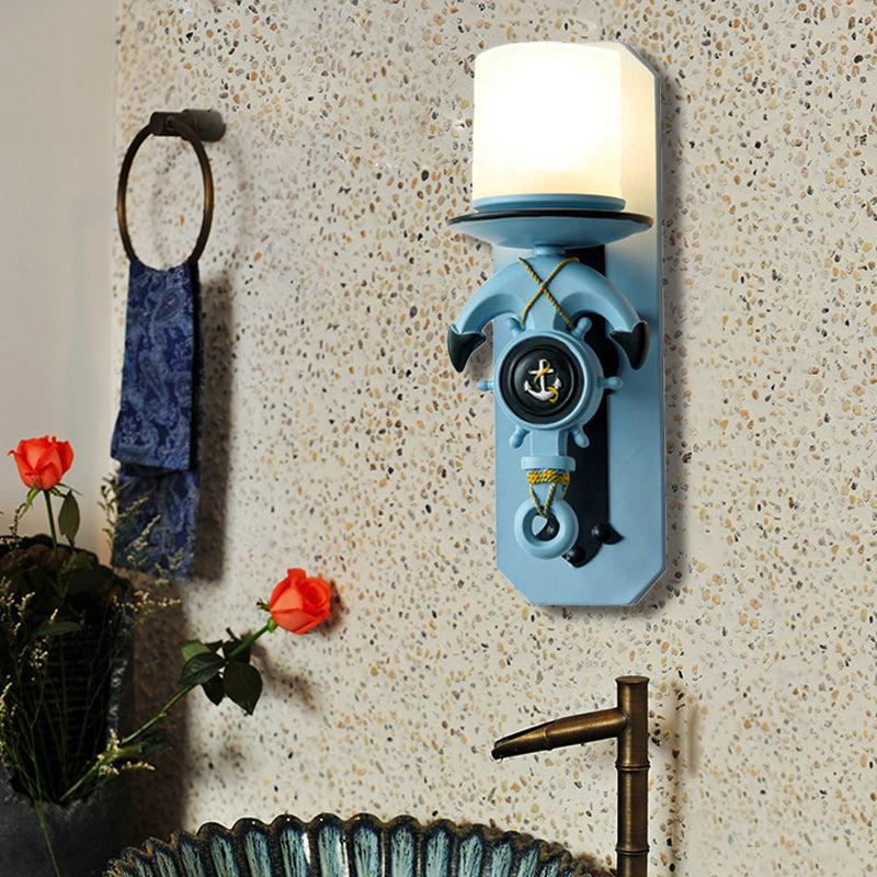 1 Head Indoor Wall Sconce Lamp Nautical Style Blue/White Wall Lighting with Cylinder Opal Glass Shade and Anchor Design Blue Clearhalo 'Wall Lamps & Sconces' 'Wall Lights' Lighting' 218026