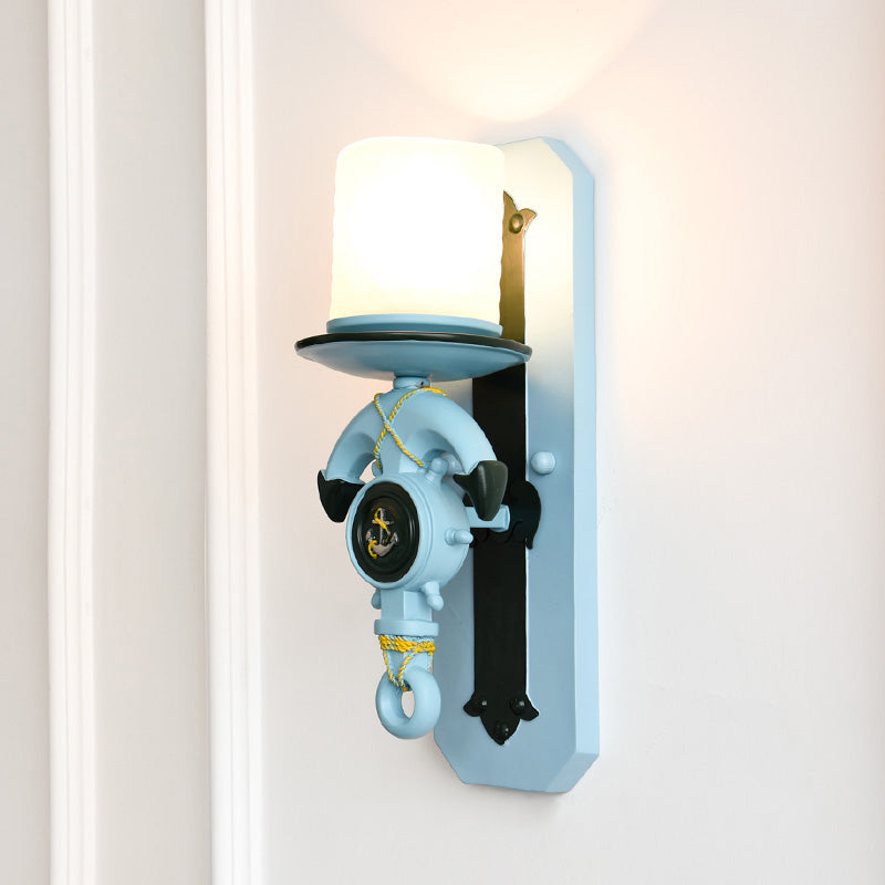 1 Head Indoor Wall Sconce Lamp Nautical Style Blue/White Wall Lighting with Cylinder Opal Glass Shade and Anchor Design Clearhalo 'Wall Lamps & Sconces' 'Wall Lights' Lighting' 218028