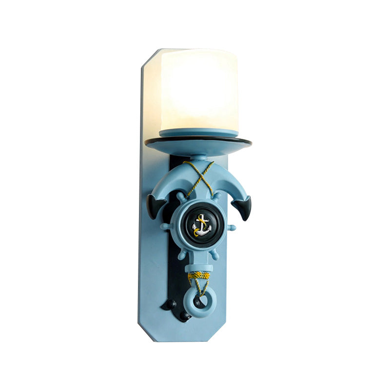 1 Head Indoor Wall Sconce Lamp Nautical Style Blue/White Wall Lighting with Cylinder Opal Glass Shade and Anchor Design Clearhalo 'Wall Lamps & Sconces' 'Wall Lights' Lighting' 218029