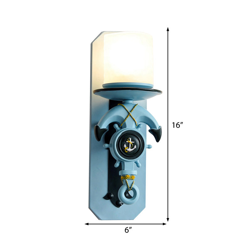 1 Head Indoor Wall Sconce Lamp Nautical Style Blue/White Wall Lighting with Cylinder Opal Glass Shade and Anchor Design Clearhalo 'Wall Lamps & Sconces' 'Wall Lights' Lighting' 218030