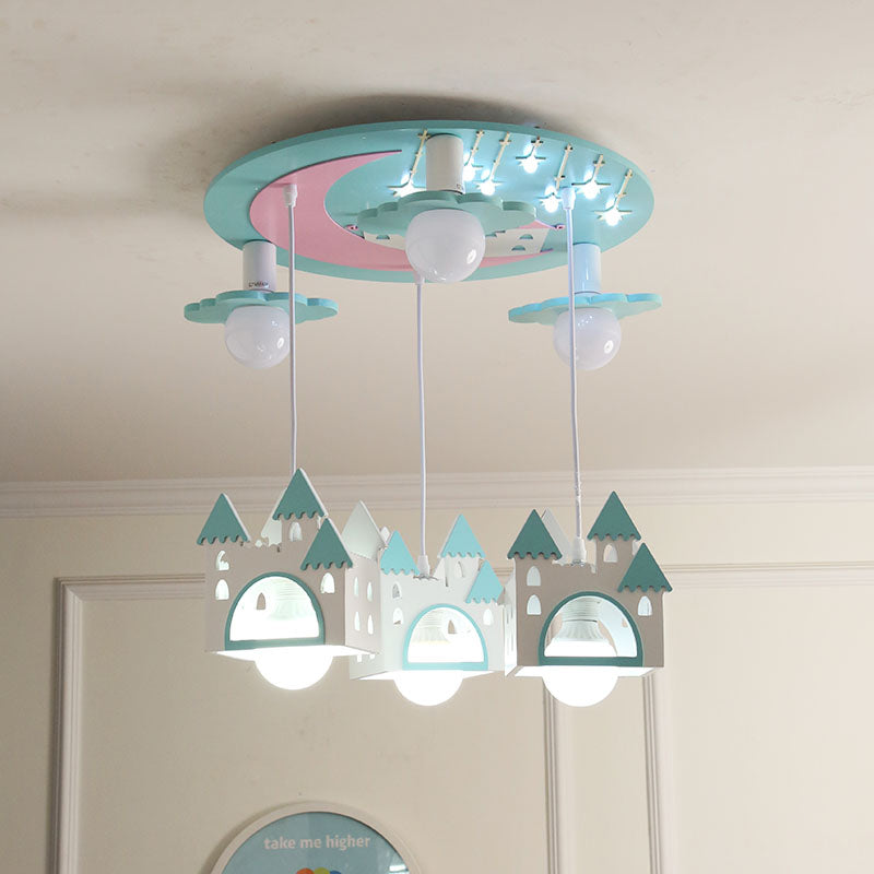 6 Lights Bedroom Cluster Pendant Light Kids Green Ceiling Light Fixture with Castle Wood Shade Clearhalo 'Ceiling Lights' 'Pendant Lights' 'Pendants' Lighting' 218068