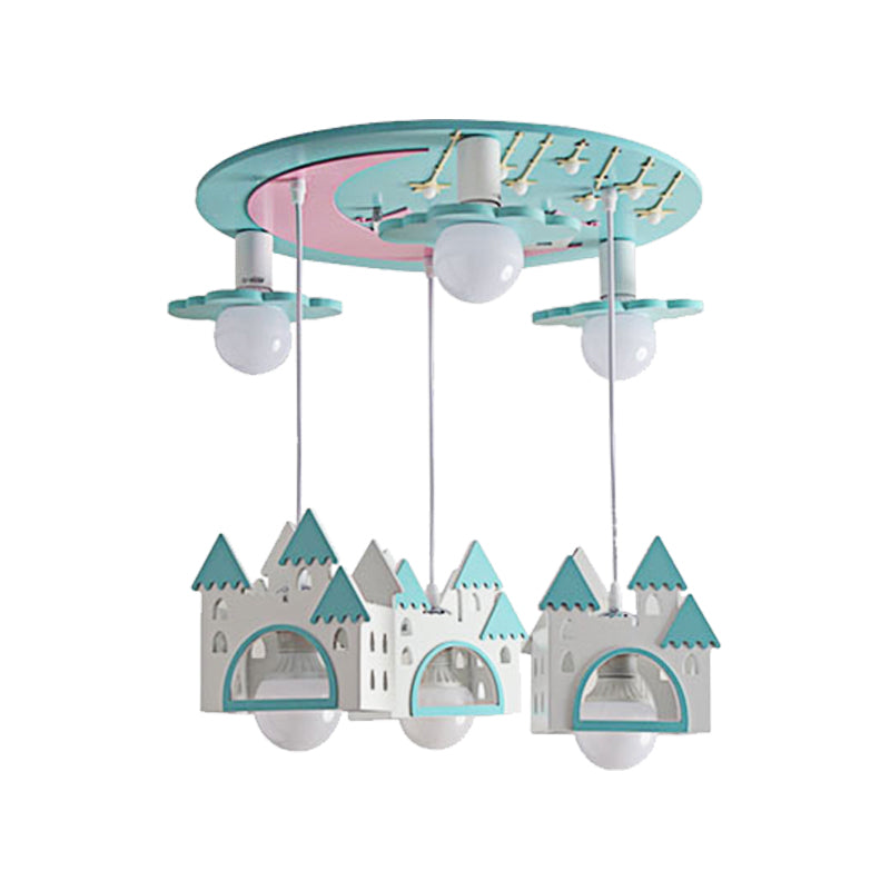 6 Lights Bedroom Cluster Pendant Light Kids Green Ceiling Light Fixture with Castle Wood Shade Clearhalo 'Ceiling Lights' 'Pendant Lights' 'Pendants' Lighting' 218070