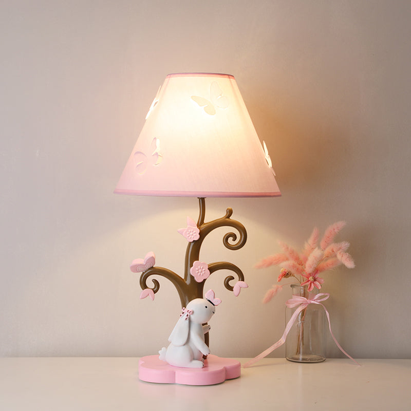 Pink Conical Shade Table Lighting Cartoon Style 1 Head Fabric and Resin Table Lamp with Rabbit Base Clearhalo 'Lamps' 'Table Lamps' Lighting' 218095