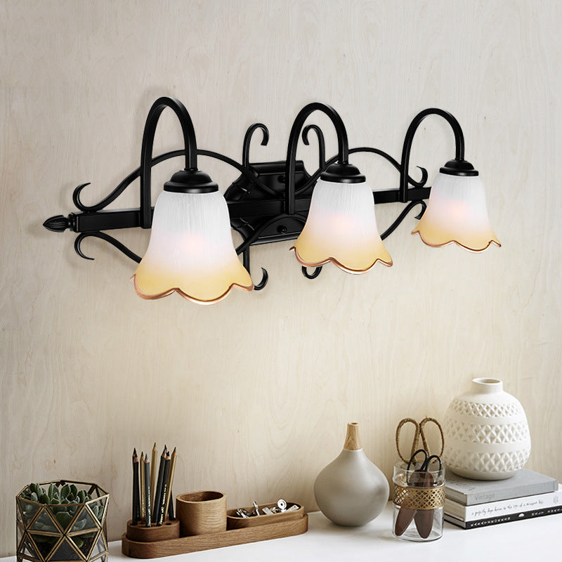 3 Lights Vanity Sconce Classic Flared White Glass Wall Mounted Light in Black for Bathroom Black Clearhalo 'Vanity Lights' 'Wall Lights' Lighting' 218119