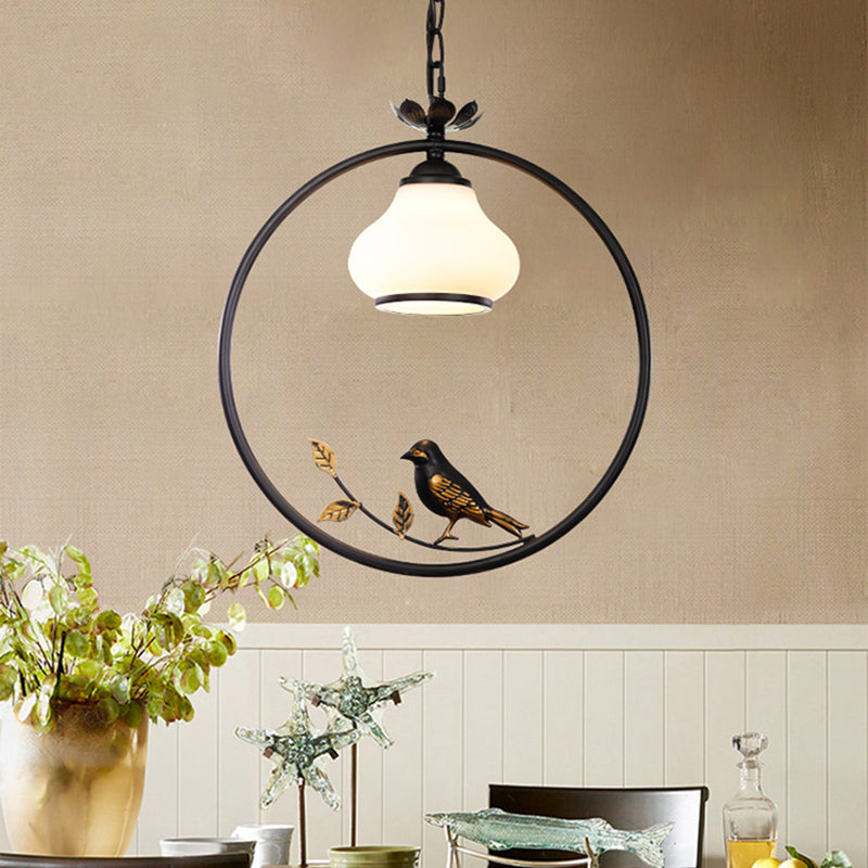 1 Light Bottle Shape Pendant Lighting Traditional Black Metal Hanging Light Fixture with Bird, 12"/16" Wide Black 13.5" Clearhalo 'Ceiling Lights' 'Pendant Lights' 'Pendants' Lighting' 218131_2c80a8e7-8b5b-4f89-9d36-c3b50c94a9ca