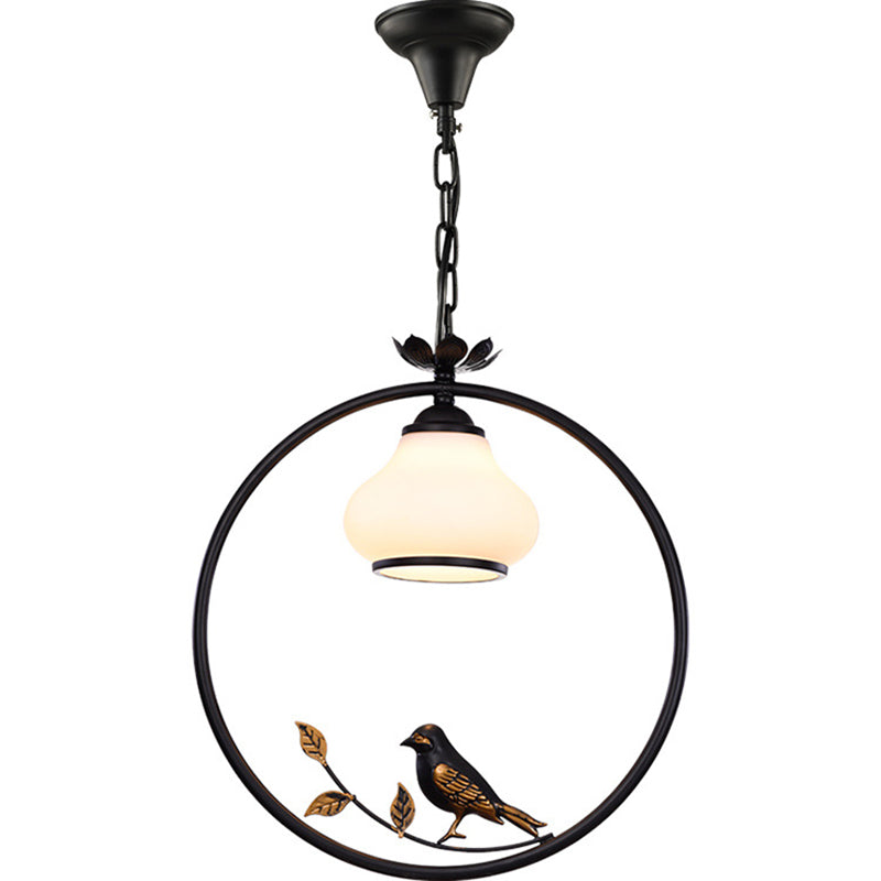 1 Light Bottle Shape Pendant Lighting Traditional Black Metal Hanging Light Fixture with Bird, 12"/16" Wide Clearhalo 'Ceiling Lights' 'Pendant Lights' 'Pendants' Lighting' 218133