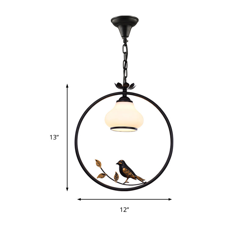 1 Light Bottle Shape Pendant Lighting Traditional Black Metal Hanging Light Fixture with Bird, 12"/16" Wide Clearhalo 'Ceiling Lights' 'Pendant Lights' 'Pendants' Lighting' 218134