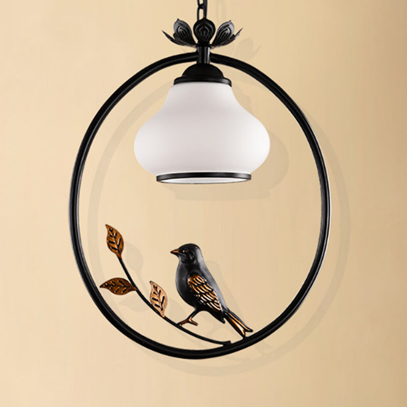 1 Light Bottle Shape Pendant Lighting Traditional Black Metal Hanging Light Fixture with Bird, 12"/16" Wide Clearhalo 'Ceiling Lights' 'Pendant Lights' 'Pendants' Lighting' 218136