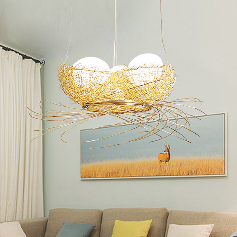 Egg Shaped Chandelier Pendant Art Deco White Glass 3-Light Hanging Ceiling Lamp in Brass with Aluminum Nest Clearhalo 'Ceiling Lights' 'Chandeliers' Lighting' options 218160
