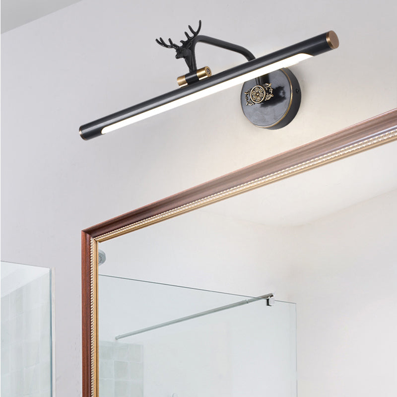 LED Metal Wall Vanity Light Simplicity Black/Antique Brass Linear Bathroom Wall Lighting Ideas with Deer Design, 14"/18"/23" W Black 18" Clearhalo 'Vanity Lights' 'Wall Lights' Lighting' 2181609