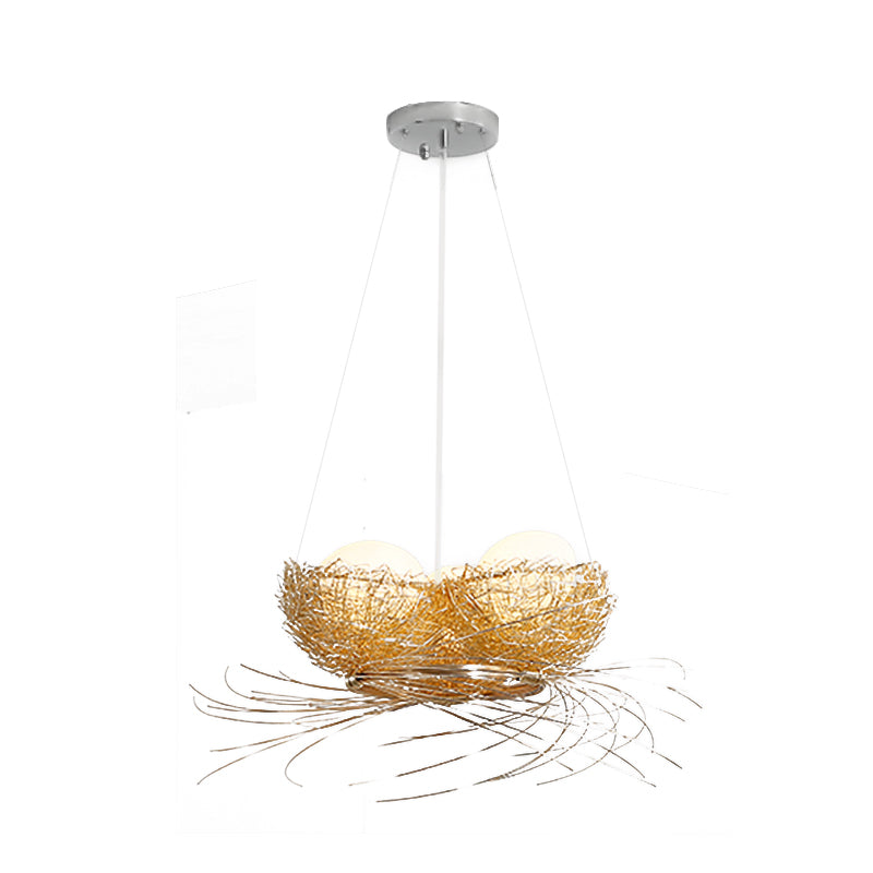 Egg Shaped Chandelier Pendant Art Deco White Glass 3-Light Hanging Ceiling Lamp in Brass with Aluminum Nest Clearhalo 'Ceiling Lights' 'Chandeliers' Lighting' options 218161