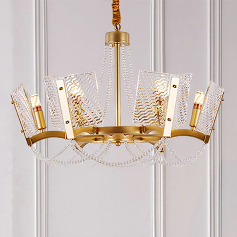 Simplicity Beaded Pendant Chandelier Crystal 6/8 Heads Living Room Hanging Lamp Kit in Brass with Panel Shade Clearhalo 'Ceiling Lights' 'Chandeliers' 'Industrial Chandeliers' 'Industrial' 'Middle Century Chandeliers' 'Tiffany' Lighting' 2181640