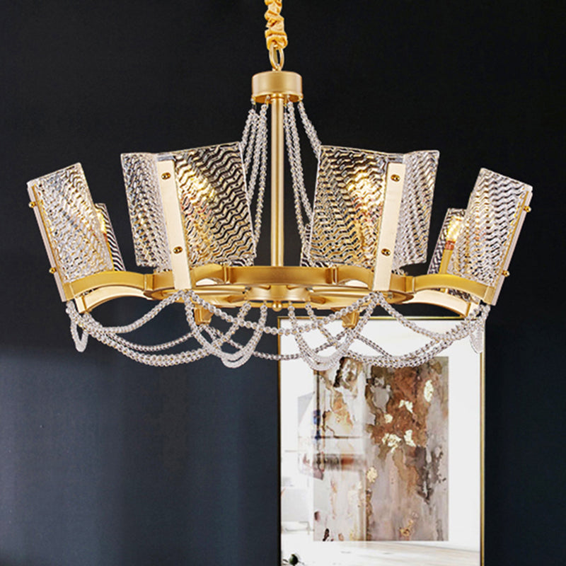 Simplicity Beaded Pendant Chandelier Crystal 6/8 Heads Living Room Hanging Lamp Kit in Brass with Panel Shade Clearhalo 'Ceiling Lights' 'Chandeliers' 'Industrial Chandeliers' 'Industrial' 'Middle Century Chandeliers' 'Tiffany' Lighting' 2181641